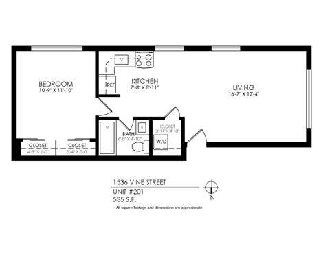 A floor plan of a one bedroom apartment at 1536 Vine Street.
